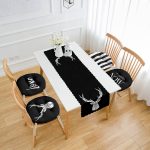 Siyah Zemin Mermer Desen Özel Tasarımlı 4 Yuvarlak Pofuduk Sandalye Minderi ve 1 Runner Seti Realhomes