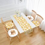 Gold Detaylı Yaprak & Geyik Tasarımlı 4 Yuvarlak Pofuduk Sandalye Minderi ve 1 Runner Seti Realhomes