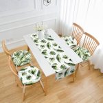 Yeşil Tropik Yaprak Tasarımlı Dijital Baskılı 4 Yuvarlak Pofuduk Sandalye Minderi ve 1 Runner Seti Realhomes