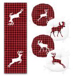 Kırmızı Ekoseli Geyik Tasarımlı 4 Yuvarlak Pofuduk Sandalye Minderi ve 1 Runner Seti Realhomes