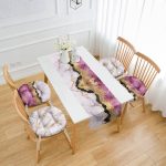 Mor Mermer Tasarımlı 4 Yuvarlak Pofuduk Sandalye Minderi ve 1 Runner Seti Realhomes