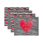 4'lü Siyah Beyaz Çizgili Kalp Motifli Amerikan Servis Seti Realhomes