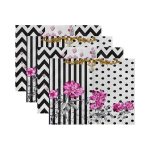 4'lü Siyah Beyaz Zemin Çiçek Tasarımlı Amerikan Servis Seti Realhomes