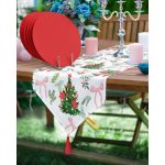 Realhomes Yılbaşı Ağacı Tasarımlı Üçgen Püsküllü Runner 1 Adet & 6 Adet Kırmızı Renkli Supla Realhomes