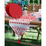 Realhomes Kırmızı Beyaz Yılbaşı Geyikleri Üçgen Püsküllü Runner 1 Adet & 6 Adet Kırmızı Renkli Supla Realhomes