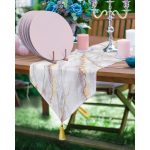 Realhomes Gold Detaylı Pembe Mermer Tasarımlı Üçgen Püsküllü Runner 1 Adet & 6 Adet Pembe Renkli Supla Realhomes