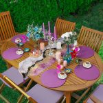 Realhomes Gold Detaylı Mavi Mermer Desenli Üçgen Püsküllü Runner 1 Adet & 6 Adet Mor Renkli Supla Realhomes