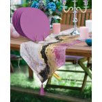 Realhomes Gold Detaylı Mavi Mermer Desenli Üçgen Püsküllü Runner 1 Adet & 6 Adet Mor Renkli Supla Realhomes