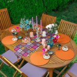 Realhomes Etnik Kareli Baskılı Üçgen Püsküllü Runner 1 Adet & 6 Adet Turuncu Renkli Supla Realhomes