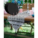 Realhomes Siyah Beyaz Etnik Çizimli Üçgen Püsküllü Runner 1 Adet & 6 Adet Siyah Renkli Supla Realhomes