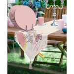 Realhomes Krem Zemin Kelebek Tasarımlı Üçgen Püsküllü Runner 1 Adet & 6 Adet Pembe Renkli Supla Realhomes