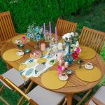 Realhomes Tropik Yaprak Motifli Üçgen Püsküllü Runner 1 Adet & 6 Adet Hardal Renkli Supla Realhomes