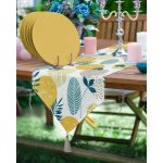 Realhomes Tropik Yaprak Motifli Üçgen Püsküllü Runner 1 Adet & 6 Adet Hardal Renkli Supla Realhomes