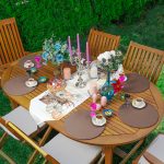 Realhomes Soyut Renkli Kabak Tasarımlı Üçgen Püsküllü Runner 1 Adet & 6 Adet Kahverengi Renkli Supla Realhomes