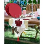 Realhomes Renkli Ekose Yaprak Tasarımlı Üçgen Püsküllü Runner 1 Adet & 6 Adet Bordo Renkli Supla Realhomes