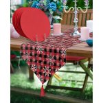 Realhomes Yılbaşı Temalı Kar Taneleri Üçgen Püsküllü Runner 1 Adet & 6 Adet Bordo Renkli Supla Realhomes