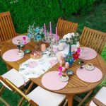 Realhomes Ortanca Çiçeği Tasarımlı Üçgen Püsküllü Runner 1 Adet & 6 Adet Pembe Renkli Supla Realhomes