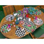 6+1'li Siyah Beyaz Zigzag Zeminli Flamingo Tasarımlı Supla Runner Seti Realhomes