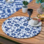 6+1'li Beyaz Zeminde Mavi Geometrik Çizimli Supla Runner Seti Realhomes