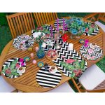 6+1'li Siyah Beyaz Çizgili Flamingo Tasarımlı Supla Runner Seti Realhomes