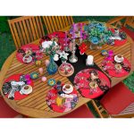 6+1'li Kırmızı Zemin Yelpazeli Japon Kadın Tasarımlı Supla Runner Seti Realhomes