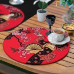 6+1'li Kırmızı Zemin Yelpazeli Japon Kadın Tasarımlı Supla Runner Seti Realhomes