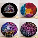 4'lü Siyah Zeminde Rengarenk Mandala Motifli Dijital Baskılı Yuvarlak Yastık Kırlent Kılıf Seti Realhomes