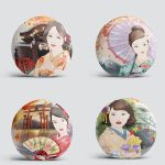 4'lü Sulu Boya Japon Kızlar Tasarımlı Yuvarlak Yastık Kırlent Kılıf Seti Realhomes