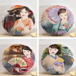 4'lü Sulu Boya Japon Kızlar Tasarımlı Yuvarlak Yastık Kırlent Kılıf Seti Realhomes