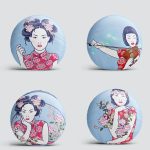 4'lü Mavi Zemin Üzerimde Japon Kız Motifli Yuvarlak Yastık Kırlent Kılıf Seti Realhomes