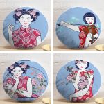 4'lü Mavi Zemin Üzerimde Japon Kız Motifli Yuvarlak Yastık Kırlent Kılıf Seti Realhomes