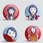 4'lü Kırmızı Ve Mavi Japon Kız Tasarımlı Dekoratif Yuvarlak Yastık Kırlent Kılıf Seti Realhomes