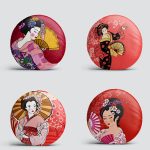 4'lü Kırmız Japon Kızlar Tasarımlı Yastık Dekoratif Yuvarlak Yastık Kırlent Kılıf Seti Realhomes
