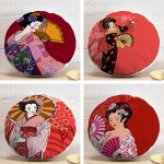 4'lü Kırmız Japon Kızlar Tasarımlı Yastık Dekoratif Yuvarlak Yastık Kırlent Kılıf Seti Realhomes