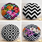 4'lü Realhomes Geometrik Çizgiler Üzerinde Tropikal Yapraklar Yuvarlak Yastık Kırlent Kılıf Seti Realhomes