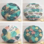 4'lü Renkli Zemin Üzerinde Yaprak Desenli Modern Yuvarlak Yastık Kırlent Kılıf Seti Realhomes