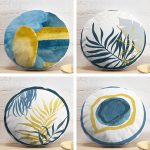 4'lü Renkli Zemin Üzerinde Gold Detaylı Yaprak Desenli Modern Yuvarlak Yastık Kırlent Kılıf Seti Realhomes