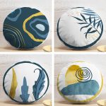 4'lü Renkli Zemin Üzerinde Gold Detaylı Yaprak Desenli Modern Yuvarlak Yastık Kırlent Kılıf Seti Realhomes