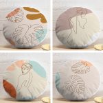 4'lü Renkli Zemin Üzerinde Onedraw Çizimli Yaprak Desenli Modern Yuvarlak Yastık Kırlent Kılıf Seti Realhomes