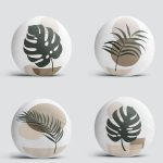 4'lü Renkli Zemin Üzerinde Onedraw Çizimli Yaprak Desenli Modern Yuvarlak Yastık Kırlent Kılıf Seti Realhomes