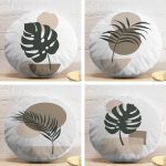 4'lü Renkli Zemin Üzerinde Onedraw Çizimli Yaprak Desenli Modern Yuvarlak Yastık Kırlent Kılıf Seti Realhomes