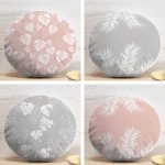 4'lü Renkli Zemin Üzerinde Yaprak Desenli Modern Yuvarlak Yastık Kırlent Kılıf Seti Realhomes