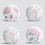 4'lü Beyaz Zemin Üzerinde Ortanca Çiçeği Desenli Modern Yuvarlak Yastık Kırlent Kılıf Seti Realhomes