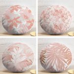 4'lü Beyaz Zeminde Pembe Yaprak Çizimli Dekoratif Dijital Baskılı Yuvarlak Yastık Kırlent Kılıf Seti Realhomes