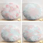 4'lü Mavi Zeminde Pembe Ve Beyaz Yaprak Çizimli Modern Yuvarlak Yastık Kırlent Kılıf Seti Realhomes