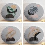 4'lü Gri Zeminde Gümüş Ve Gold Yaprak Tasarımlı Modern Yuvarlak Yastık Kırlent Kılıf Seti Realhomes