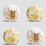 4'lü Kuru Sonbahar Yaprakları & Geyik Tasarımlı Dijital Baskılı Yuvarlak Yastık Kırlent Kılıf Seti Realhomes