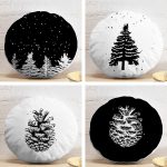 4'lü Siyah Beyaz Çam Ağacı & Kozalak Tasarımlı Dijital Baskılı Yuvarlak Yastık Kırlent Kılıf Seti Realhomes