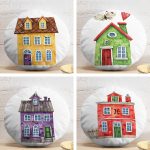 4'lü Renkli Evler Özel Tasarım Dijital Baskılı Modern Yuvarlak Yastık Kırlent Kılıf Seti Realhomes