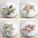 4'lü Egzotik Yaprak Tasarımlı Dijital Baskılı Modern Yuvarlak Yastık Kırlent Kılıf Seti Realhomes